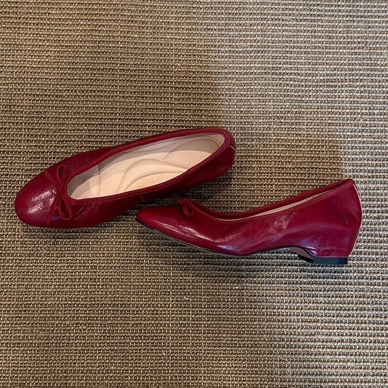 Huge Look! Super Soft Sheepskin Is Not Tired of Single Shoes, Retro Red Round Head Bow, Light Mouth Inner Height-increasing Ballet Shoes