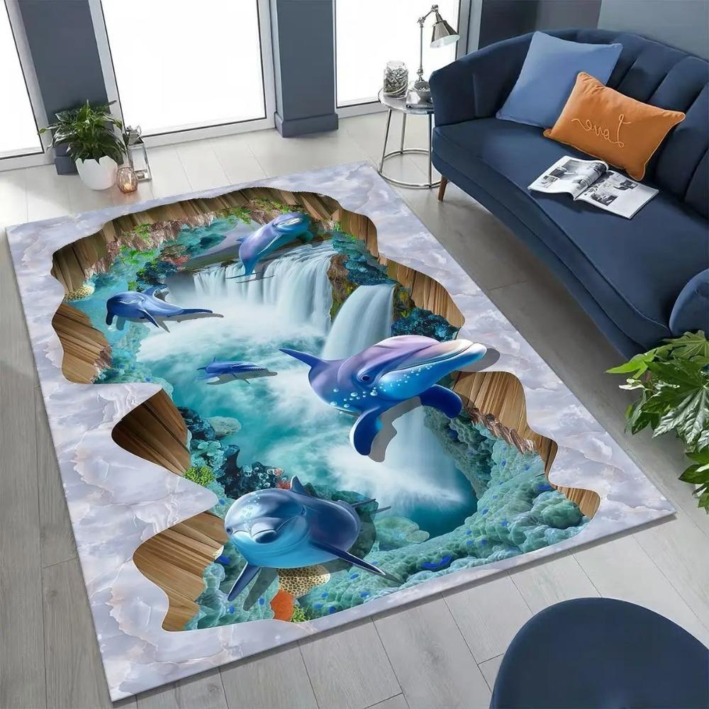 3D Ocean Beach Carpet Mat Rug Illusion Design Home Decoration Non-slip Living Room Floor Mat with Dolphin Coral Visual Effect