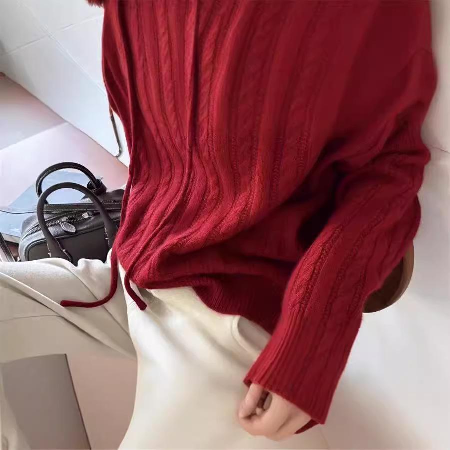 Women's Hooded Pure Wool Cable Knit Sweater - Loose Slimming Fit, Solid Color, Ideal for Autumn/Winter