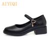 Women's Shoes Genuine Leather Mid-heel Mary Jane Shoes Women Shiny Fashion Large Size Ladies Office Shoes