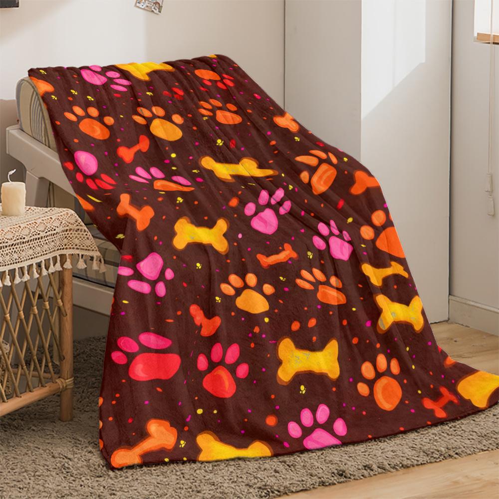 Dog Paw Prints and Bones Pattern Blanket Soft Flannel Throw Home Decor Art Print Pet Theme Bedding Gift for Dog Owners