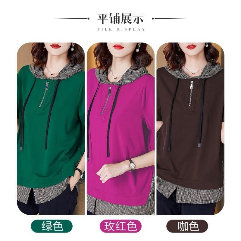 Pure Cotton Large Size Women's Short-sleeved Summer High-end Loose Hooded Cotton Top