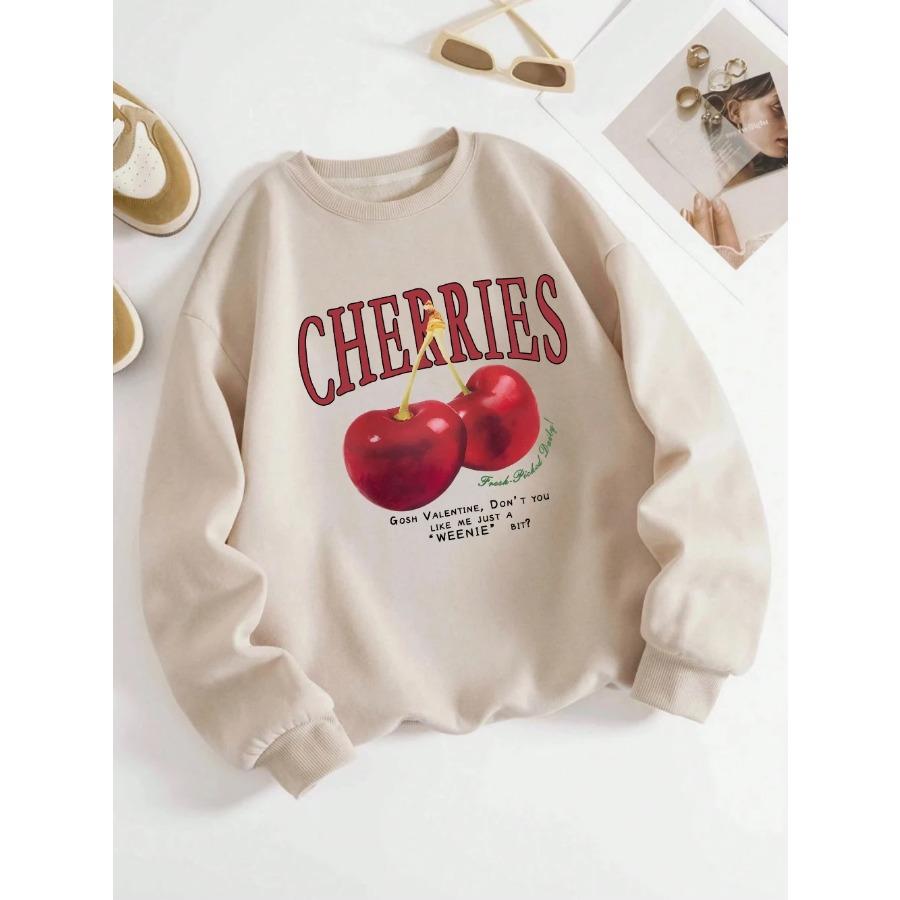 Fashion Womens Sweatshirt Fresh Red Cherries Printing Pullover Crewneck Fleece Soft Breathable Hoodie Autumn Female Streetwear