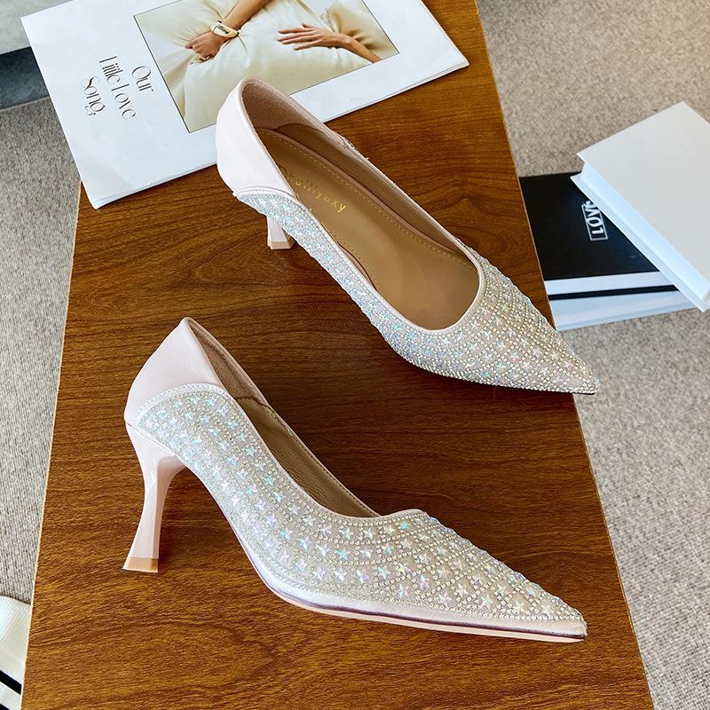 French Xiuhe Wedding Dress Two Wear Crystal Sequined Wedding Shoes Bridal Shoes Pointed Thin Heels Single Shoes High Heels