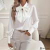 Bluză Satin Femei Mânecă Lungă Guler cu Cravată Papion Elegantă Cămașă de Birou Top Elegant