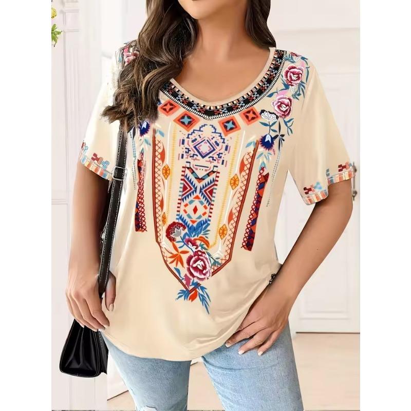 

Футболка большого размера для женщин Boho Harajuku с графическим принтом, летние повседневные топы с коротким рукавом, уличная мода, футболка для женщин, одежда 7XL бежевый