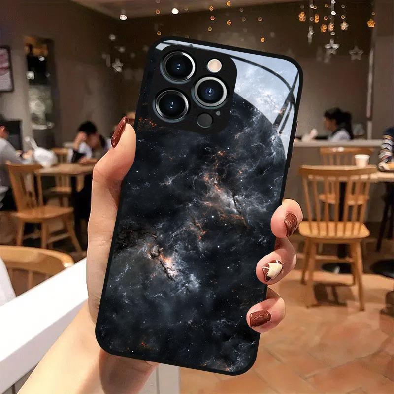 Galactic Nebula Pattern Tempered Glass Black Phone Case For Samsung Galaxy S23 S24 S25 S26 Ultra Plus FE Shockproof Cover