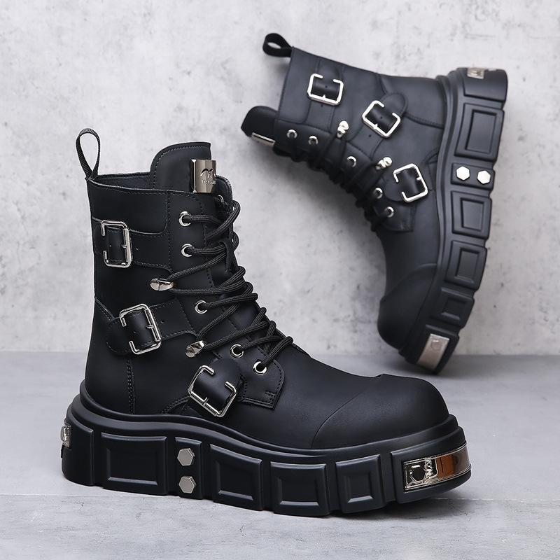 Fashion 2025 Retro Lace-up Men's Platform Boots Fashion Casual New Designer Motorcycle Boots Male Solid Color Cow Leather Punk Shoes Man