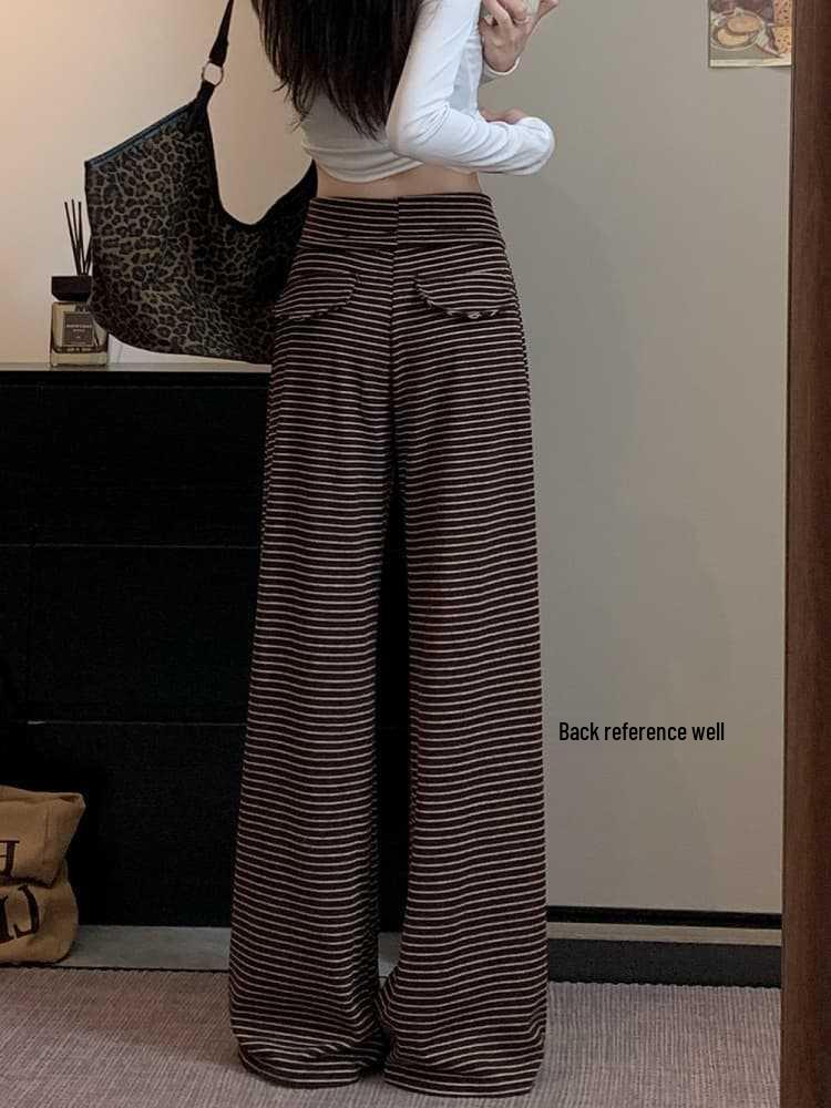 Autumn 2026 Women's Striped Drawstring Casual Pants - Floor-Length, Loose, Slimming Style