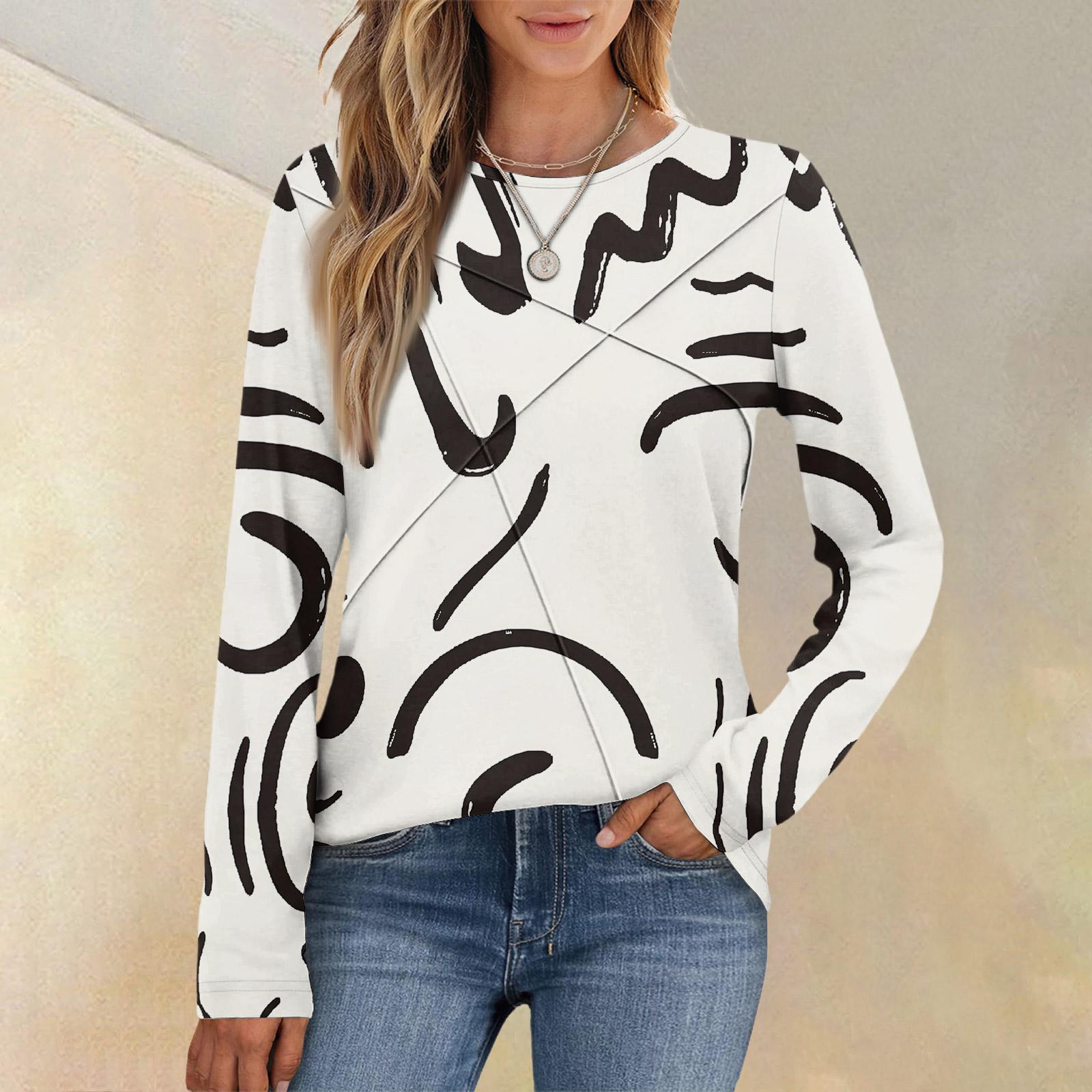 

Модный женский топ с длинным рукавом, круглым вырезом, повседневный, плиссированный, с ретро геометрическим принтом, свободного кроя XL белый