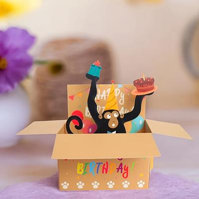 1 STuks Grappige Gefeliciteerd Pop-Up Kaart - Humoristisch 3D Karakter Ontwerp met Hartvormige Ballon & Confetti Schattige Aap Speelse Kaart