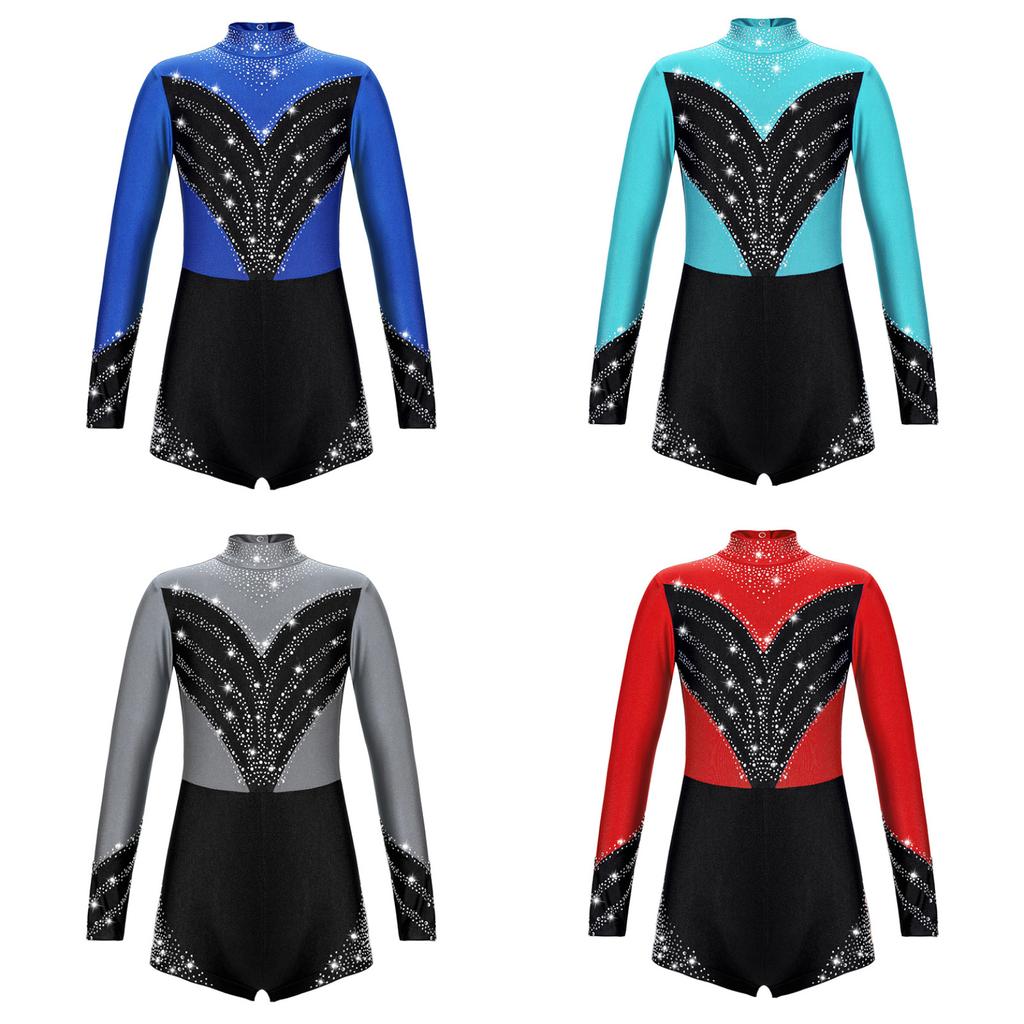 Kids Girls Stylish Clothing Long Sleeve Stand Collar Shiny Rhinestone Decor Contrast Color Gymnastic Dance Jumpsuit
