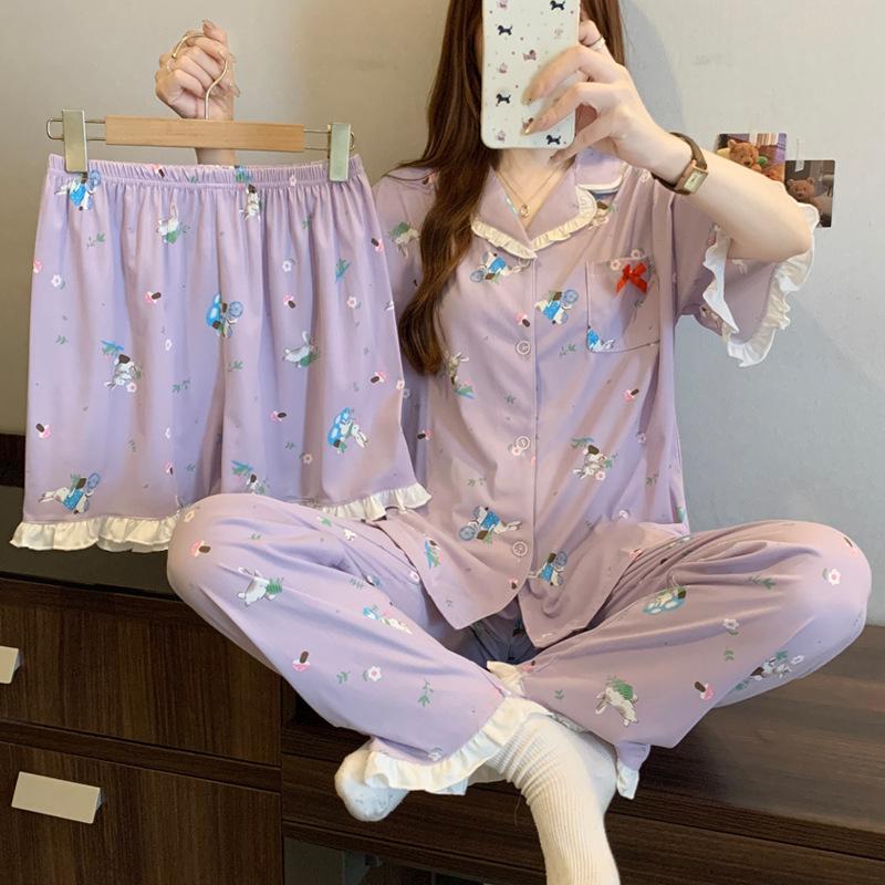 

Summer new purple lazy rabbit cartoon pajamas women s short-sleeved imitation cotton edge loungewear three-piece set 2XL [Recommended 130-72.5kg]
