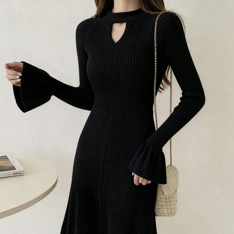 Women's Knitted Dress Long Sleeves Half Turtleneck Sweater Dress Hollow Fashion Clothing Autumn Winter