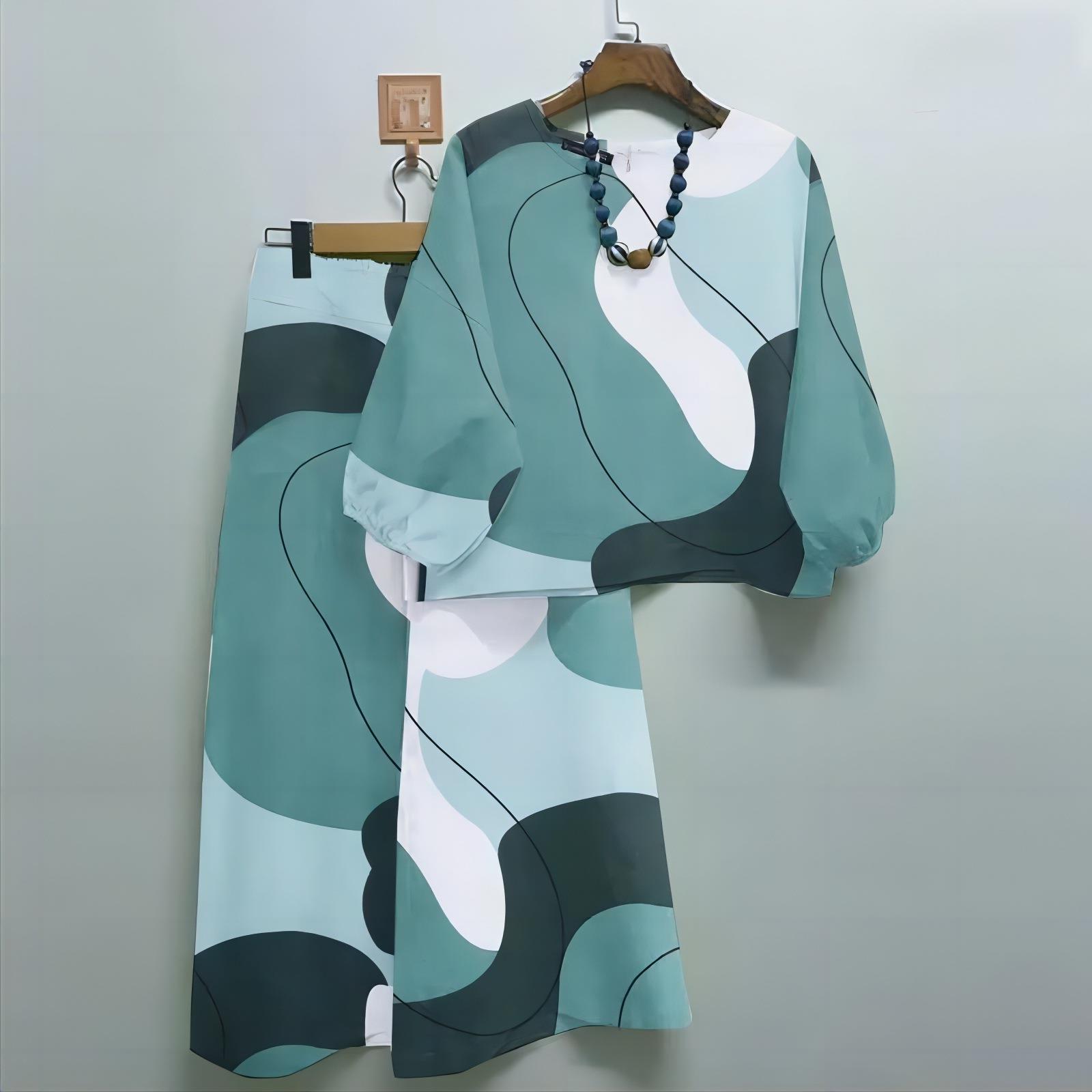 

IHUASU Летний женский повседневный комплект одежды: Верх в стиле бохо, брюки свободного покроя, комплект из 2 предметов XXXXXL озеро синий