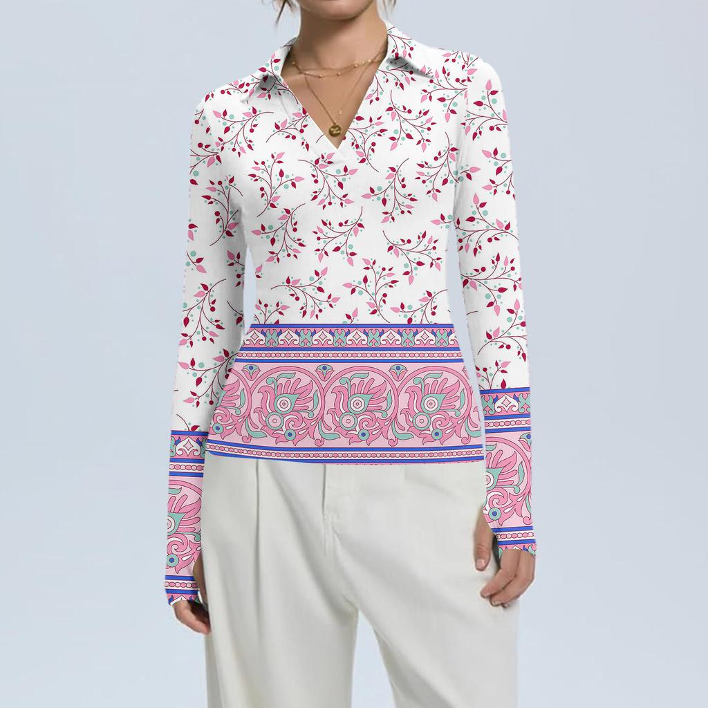 Damenmode Lässig Bedruckt V-Ausschnitt Langarm Knopfleiste Oberteil