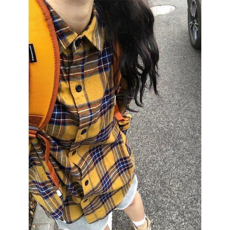 2025 Women's Retro Blue Plaid Shirt Jacket - Loose Fit, Long Sleeve for Spring & Autumn