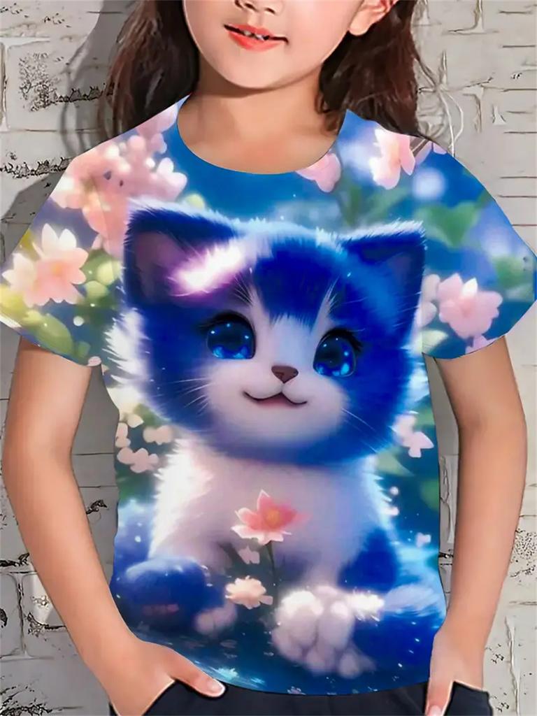 Fun Girl T-shirt Summer Short Sleeved Top Cartoon Animal Cat 3D Printing 2025 Girl Clothing