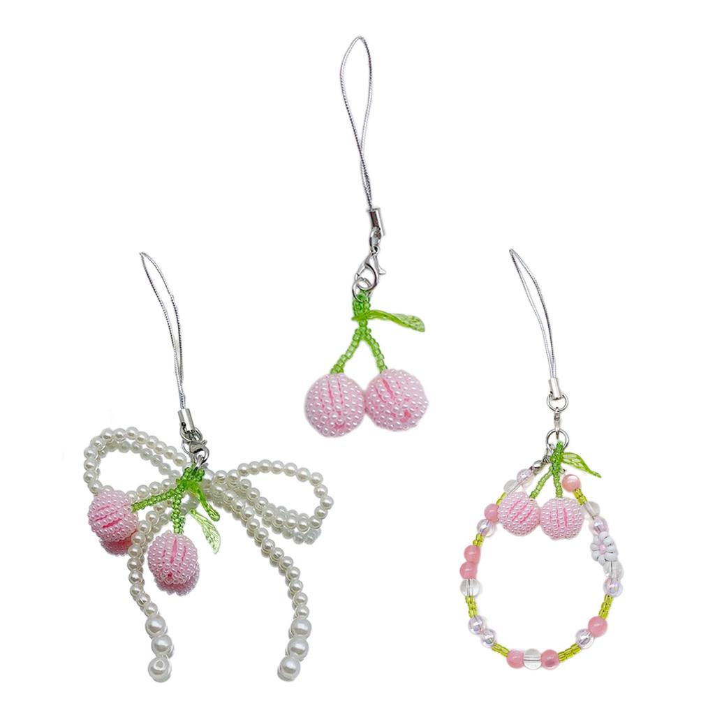 Fashion Beaded Cherry Pendant Phone Straps Lanyard Pocket Keychain Strap Backpack Charm Car Key Decoration Chain