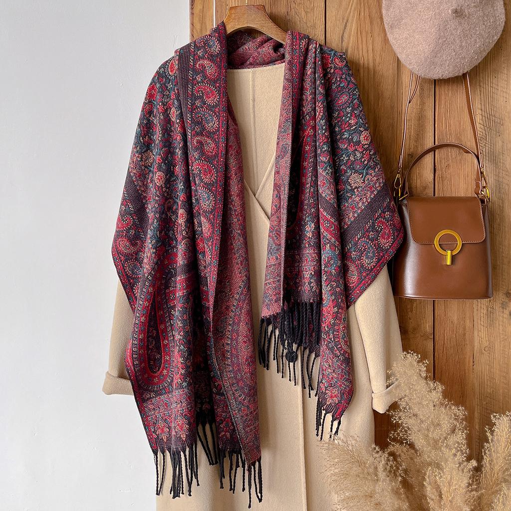 Ethnic Style Jacquard Cashew Flower Travel Scarf Women's Jacquard Fringed Scarf Thickened Extra Long Cape Shawl