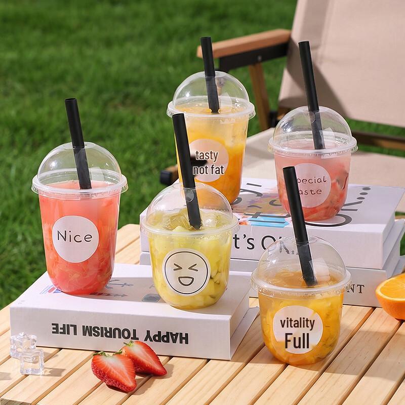 Baijie Disposable Milk Tea Cups with Lids, Straws & Stickers