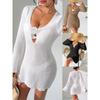 Women Sexy Deep V Hollow Out Long Flare Sleeve Crochet Flower Bodycon Mini Beach Cover Up Dress