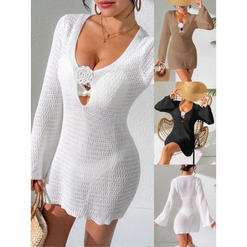 Women Sexy Deep V Hollow Out Long Flare Sleeve Crochet Flower Bodycon Mini Beach Cover Up Dress