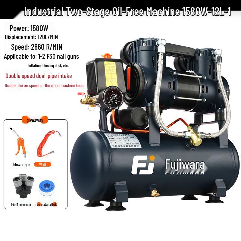 Silent Oil-Free Air Compressor for Woodworking and Auto Repair with High Displacement and Large Pressure Gauge.