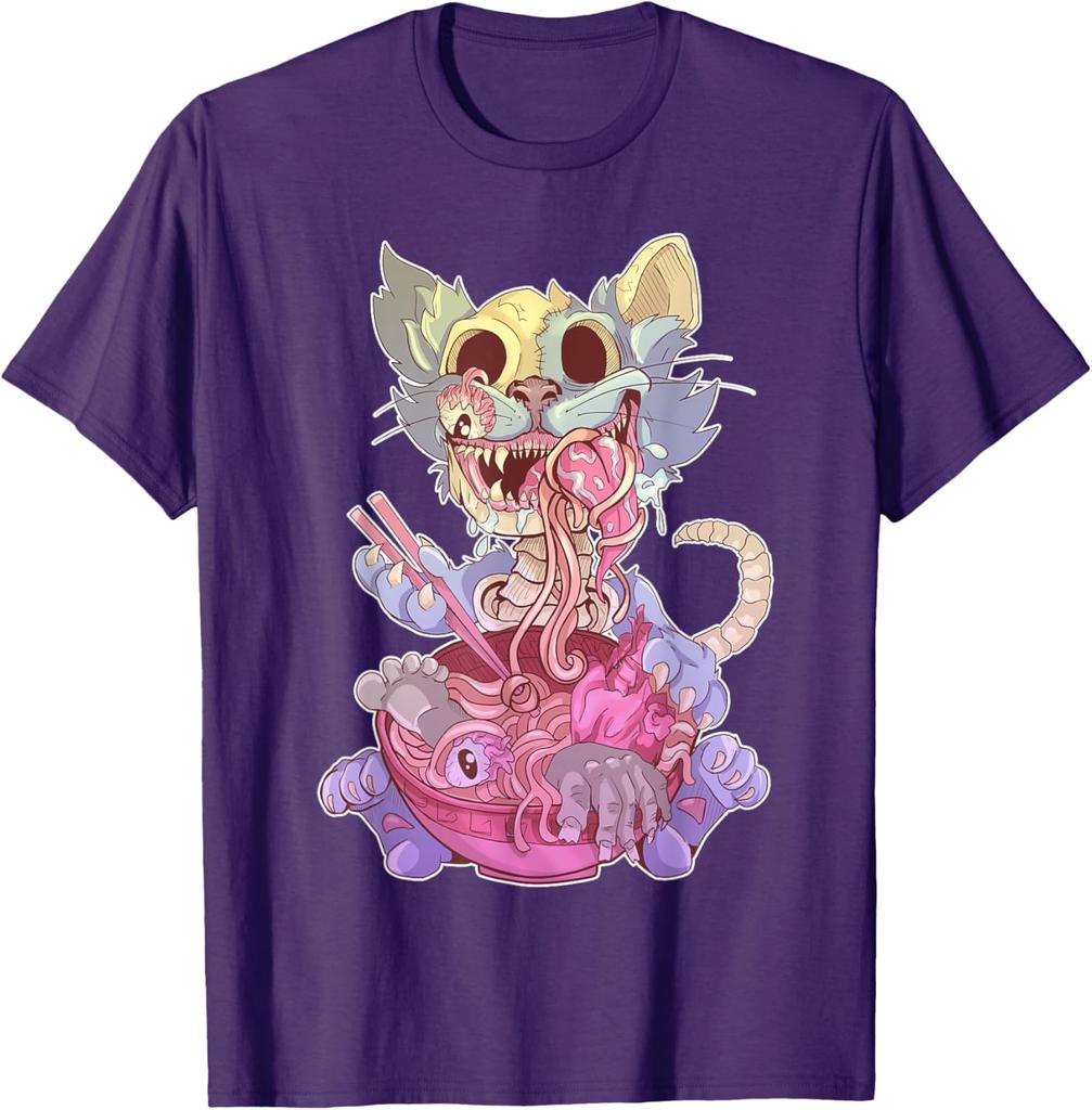 Zombie Cat Ramen Graphic Tee Kawaii Goth Weird Illustration T-Shirt For Men Casual