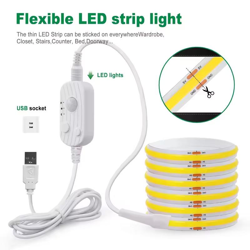Motion Sensor Led COB Light Strip Battery Usb Powered 5V Auto ON/OFF Liner Lighting Diode for Cabinet Wardrobe Kitchen Staircase