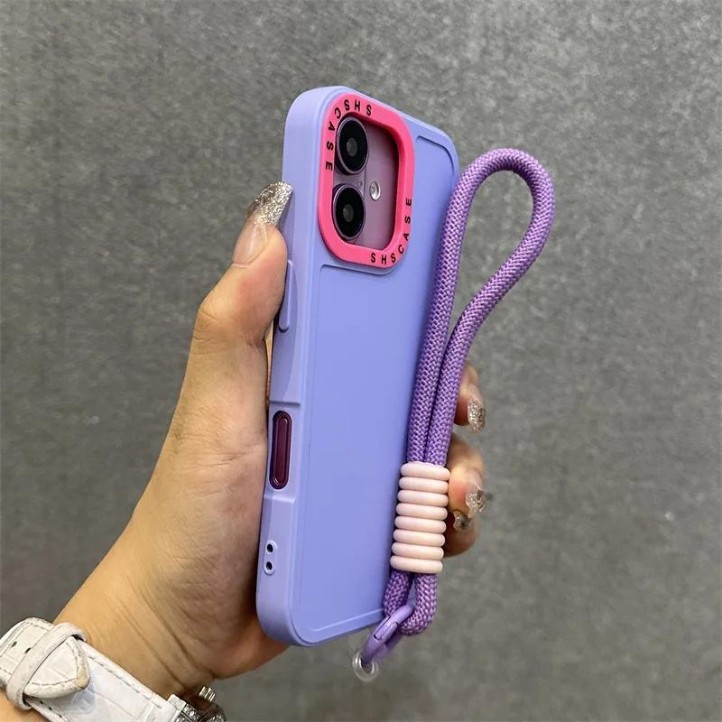 Fashion Lens Collision Color Wrist Strap Cases for iPhone 17 16 15 14 13 12 11 Pro Max Plus 17 Air Matte Silicone Lanyard Cover