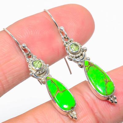 Natural Copper Turquoise,Peridot 925 Solid Sterling Silver Earring 1.75" O5v03