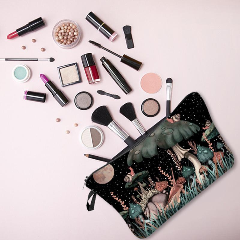 1pc Vintage Mushroom Moon Pattern Makeup Bag Pouch for Women Girls Travel Portable Makeup Storage Bag