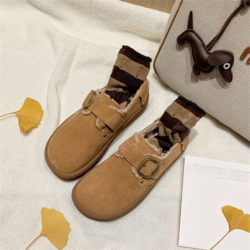 Fashion New Winter Cow Suede Women Pumps Shoes for Women Fashion Buckle Round Toe Warm Loafers Platform Shoes Zaptos Mujer Brown Shoes