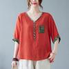 Women Ethnic Print Patchwork V Neck Half Sleeve Linen Blend T Shirt