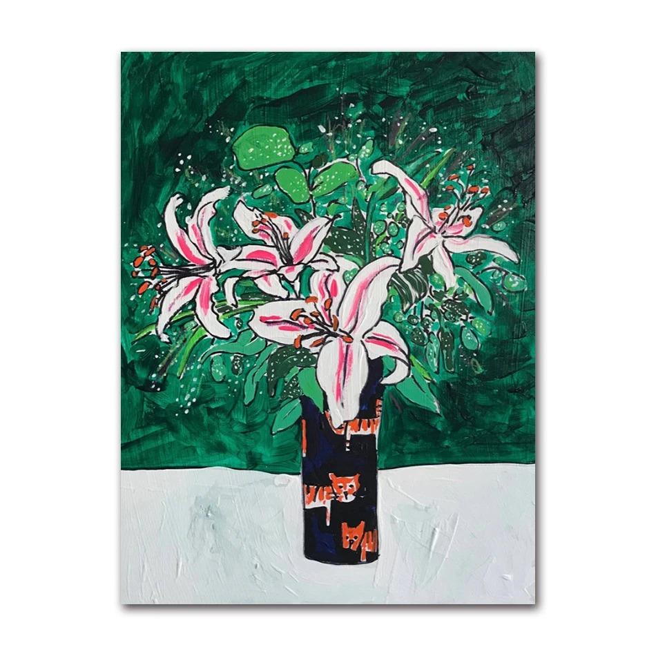 Nordic Flower Leaf Colorful Vase Art Print Wall Poster Canvas Painting Retro Picture Modern Home Decor Bedroom Decoration