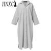 HNXC Korean Style Women Long Sleeve Button Down Striped Casual Maxi Shirt Dress
