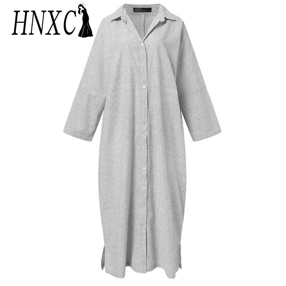 HNXC Korean Style Women Long Sleeve Button Down Striped Casual Maxi Shirt Dress