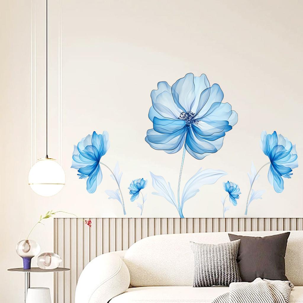 Light Blue Flower Wall Sticker for Bedroom Background Decor PVC Peel and Stick Decal