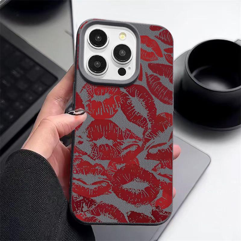 

Роскошный матовый тонкий чехол для телефона с принтом губ для iPhone 16 Pro Max 15 14 Pro 13 12 11, кожаная текстура, мягкий противоударный чехол-бампер из ТПУ для защиты объектива iPhone 16 серый