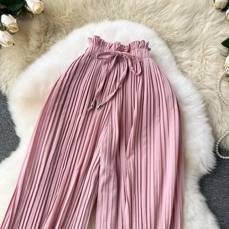 Bandaj Temelleri Rahat Pantolon Kadın Yaz Boy Dökümlü Geniş Bacaklar Pantolon Yüksek Bel Katı Uzun Pilili Pantolon