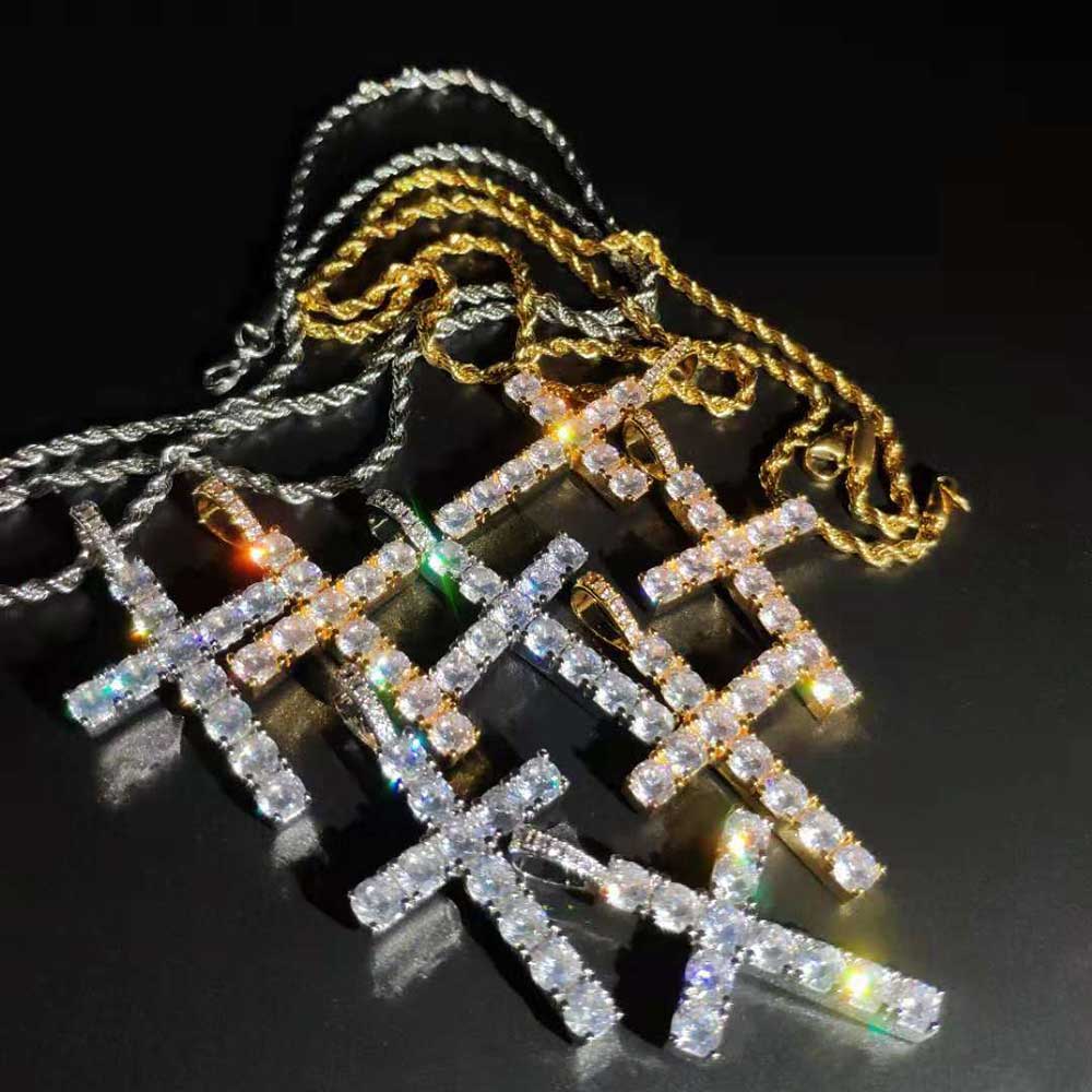 Modna Prosta Biżuteria Krzyż Błyszcząca Iced Out Cyrkonia Diament 18k Białe Złoto Platerowany Naszyjnik z Zawieszką Krzyż Dla Mężczyzn Kobiet
