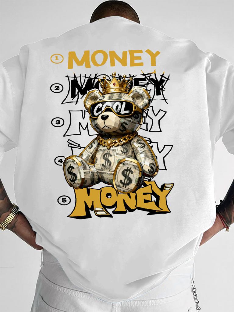 Unisexs Fashion Oversized Tee Dollar Bill Bear Gold Crown Money Graffiti Back Print Polyester Street Walking Sxxl