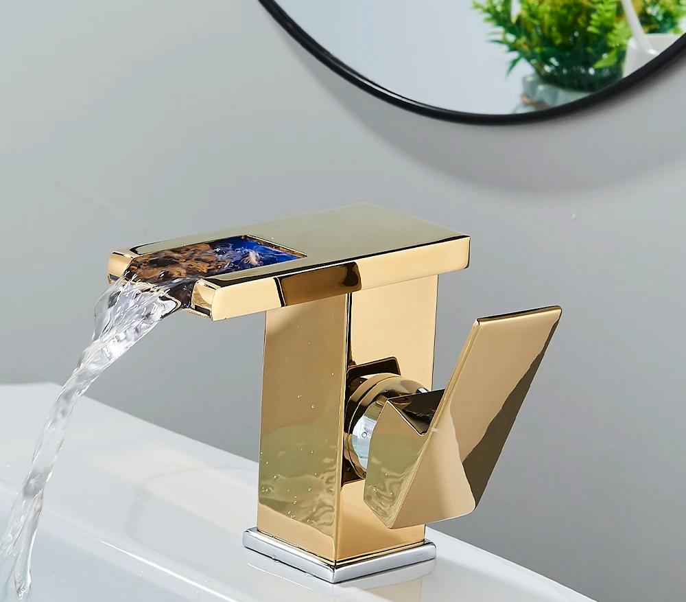 LED Bathroom Sink Faucet Brass Waterfall Faucet BlackBathroom Hot/Cold Mixer Crane Deck Mounted Wash Sink Taps Single Handle Tap