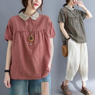 T-shirt a quadri da donna estiva con collo a bambola, aderente, comoda, casual, a maniche corte