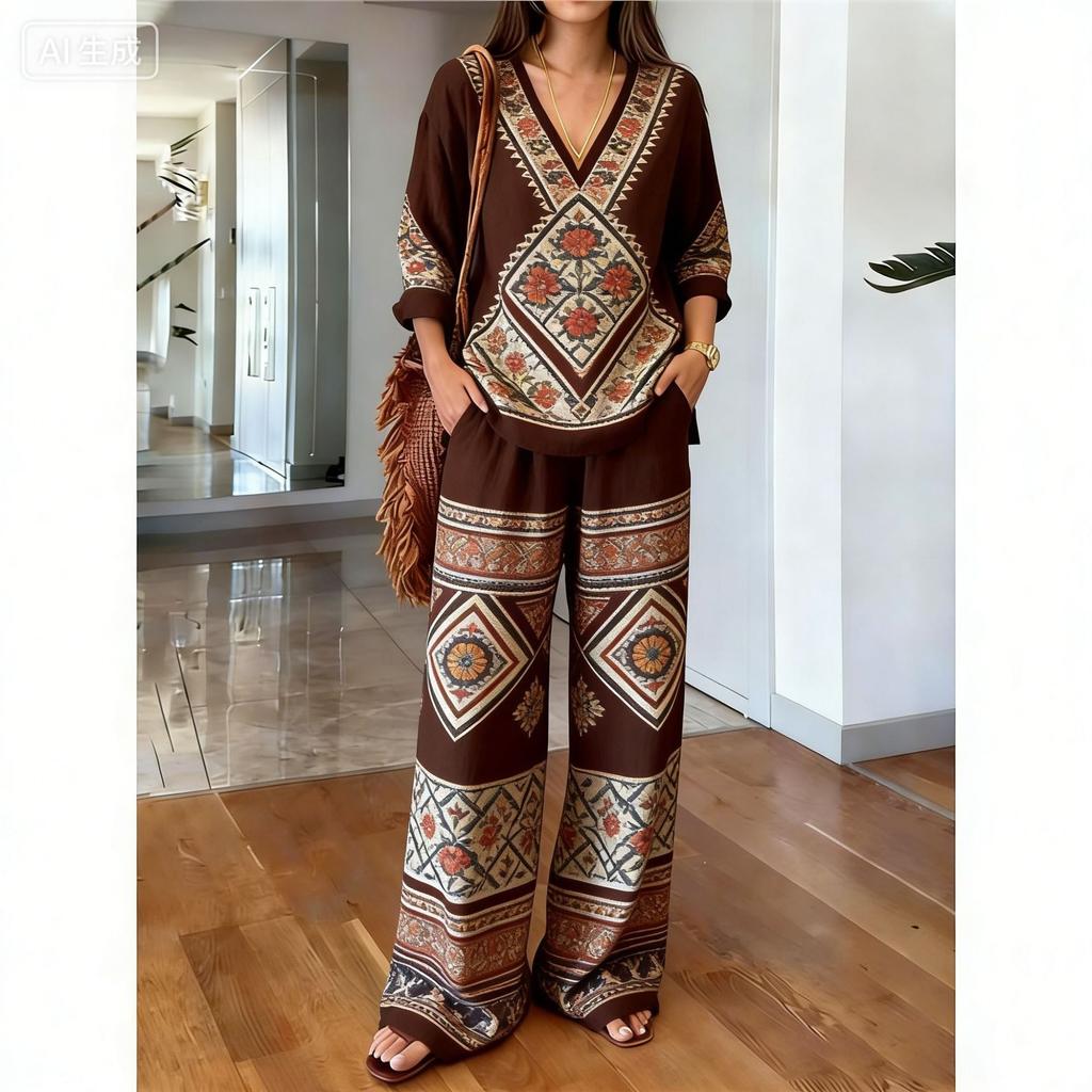 Loose Casual Y1 New V-neck Top Wide-leg Pants Two-piece Women's Clothing European and American Fashion Suit