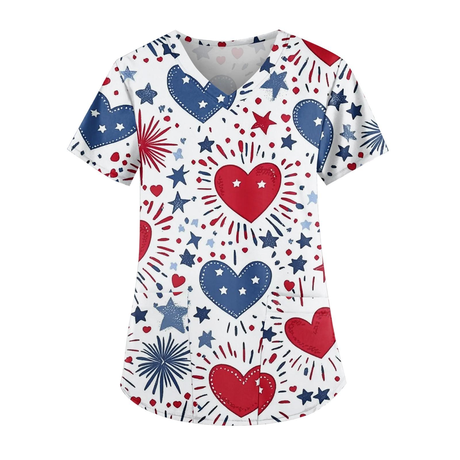 

Женская одежда для работы с принтом ко Дню Независимости, V-образный вырез, двойной слой, карманы, базовая футболка с коротким рукавом, пуловер XL белый