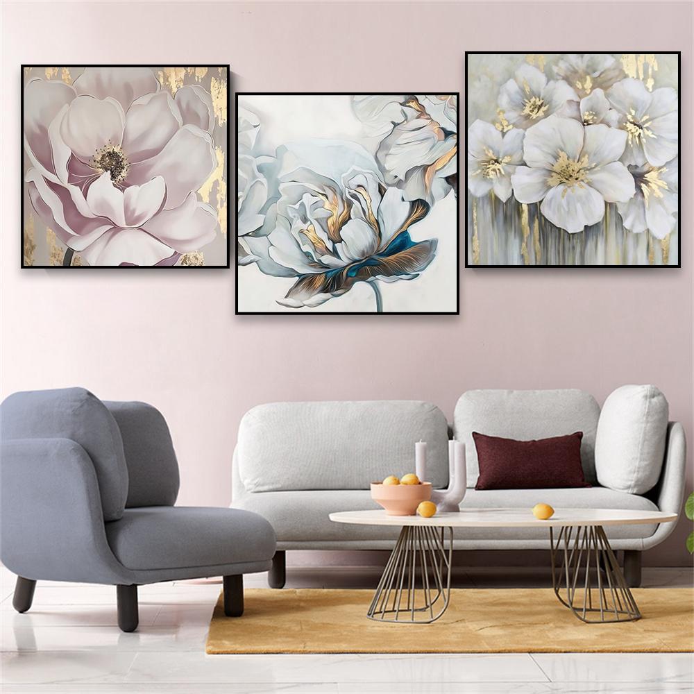 Gold Flower Poster Oil Painting Poster Golden Leaf Prints Colorful Floral Canvas Painting Romantic Textured Home Wall Decoration