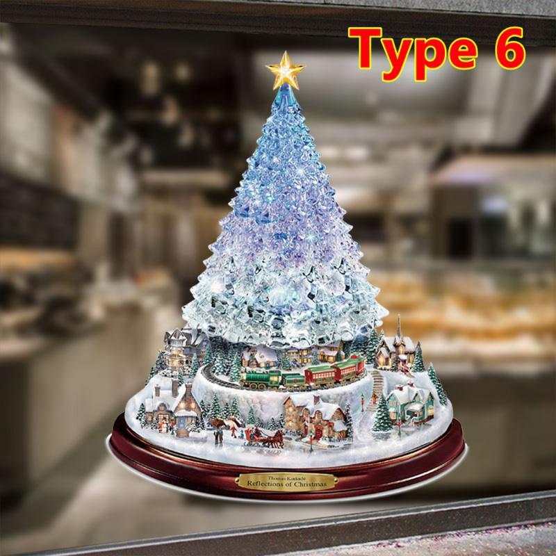 9 tipi di albero di Natale rotante scultura treno decorazioni incolla cristallo ghiacciato albero di Natale vetrofanie decorazioni natalizie per la casa