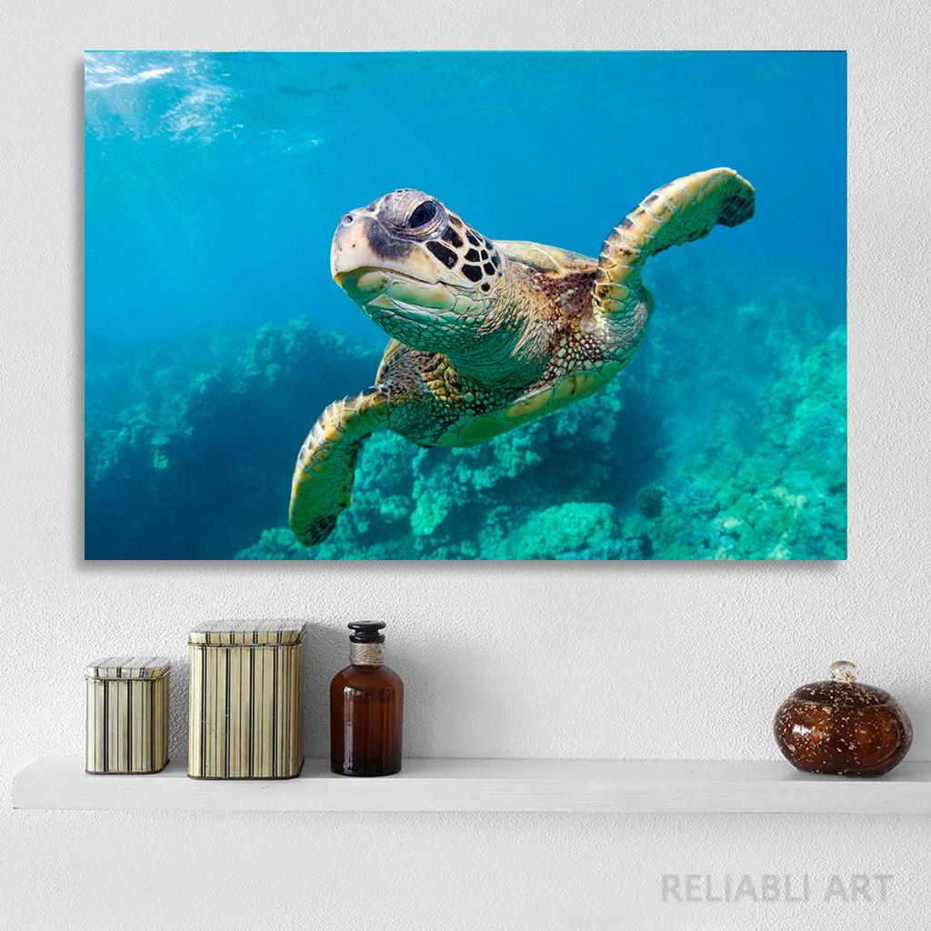 Green Sea Turtle Swims Underwater Wall Pictures Canvas Painting Ocean Marine Life Animal Posters Prints for Living Room Decor